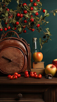 Zegar i gałązki obok jabłek