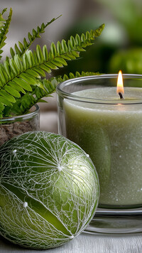 Zielona bombka i zapalona świeca obok paproci