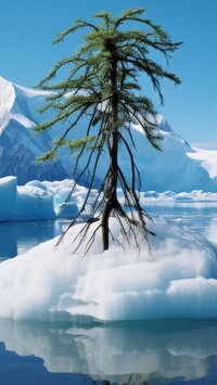 Zielone drzewo iglaste na krze na morzu