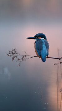 Zimorodek na źdźble trawy