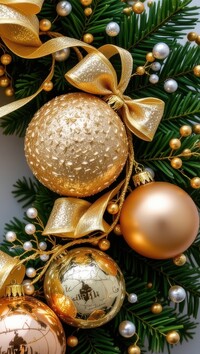 Złote bombki i kokardy na świątecznym wieńcu