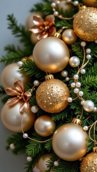 Złote bombki i koraliki na świątecznym wieńcu