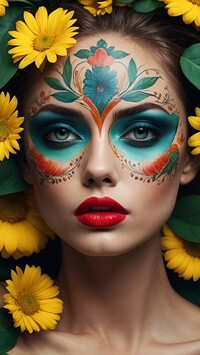 Żółte kwiaty wokół pomalowanej twarzy kobiety