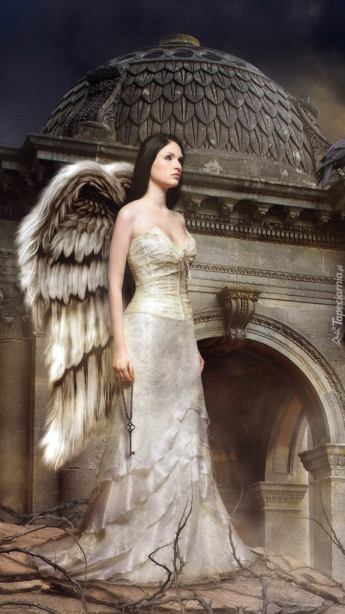 Anioł w długiej sukni stąpający po ziemi