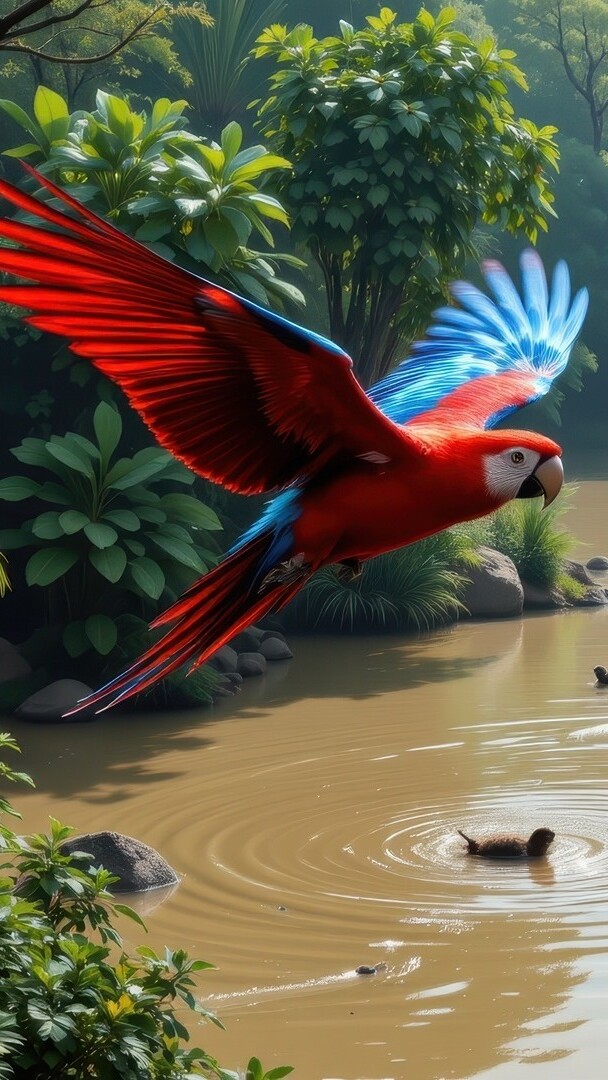 Ara w locie nad rzeką i drzewami