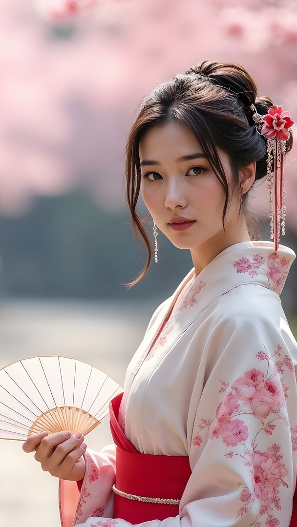 Azjatka w kimono i z wachlarzem