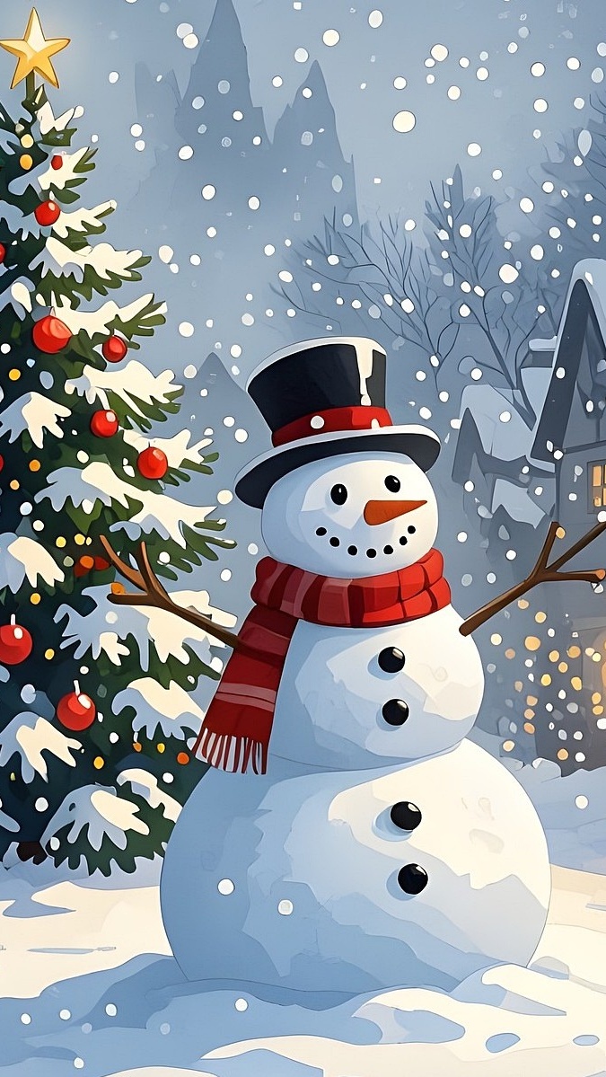 Bałwan w kapeluszu i szaliku obok udekorowanej choinki i domów