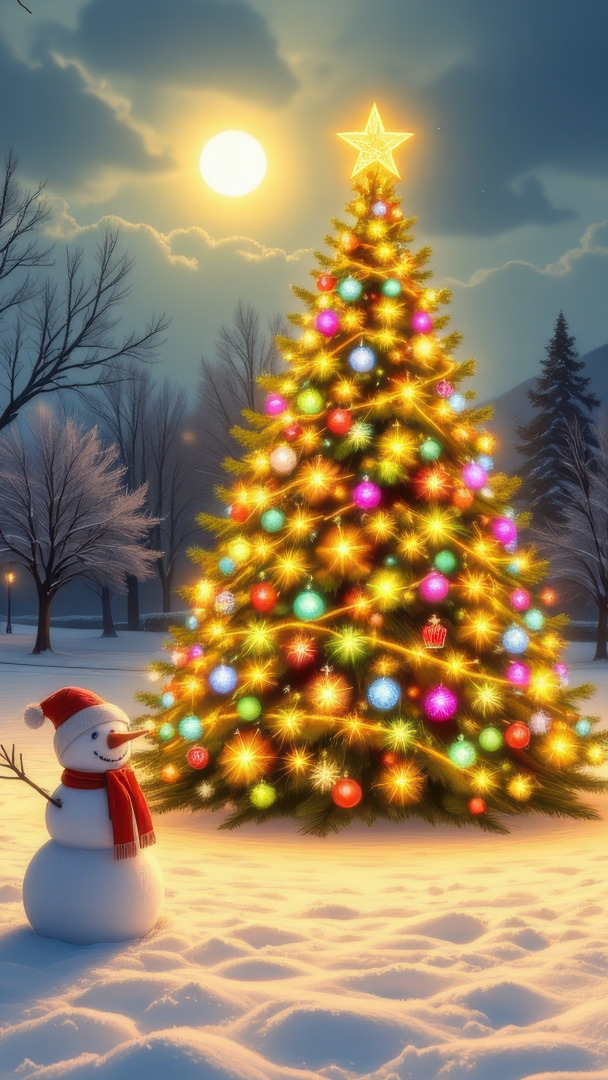 Bałwanek obok oświetlonej i udekorowanej choinki na śniegu