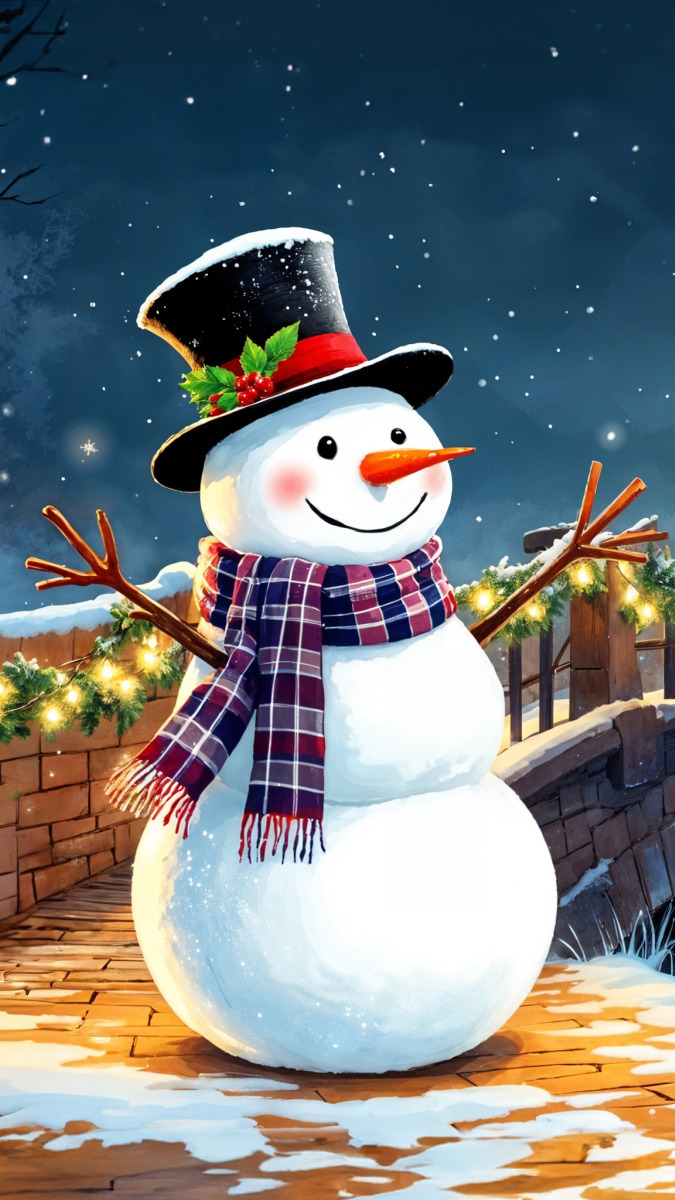 Bałwanek w cylindrze i szaliku obok mostu