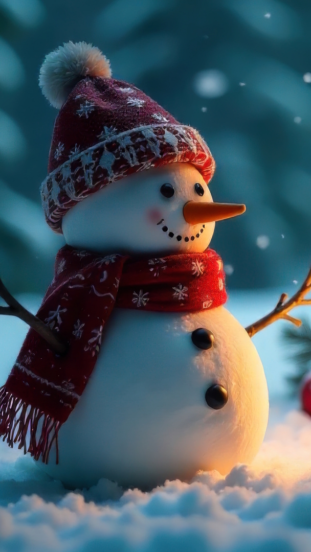 Bałwanek w czapce i szaliku na śniegu