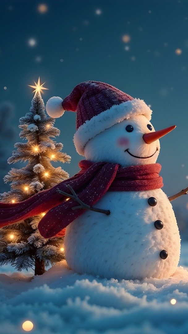 Bałwanek w czapce i szaliku obok oświetlonej choinki na śniegu