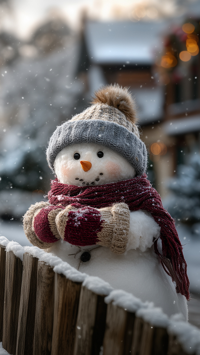 Bałwanek w czapce i szaliku przy ośnieżonym płocie