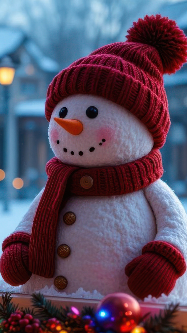 Bałwanek w czerwonej czapce i szaliku przed oknem
