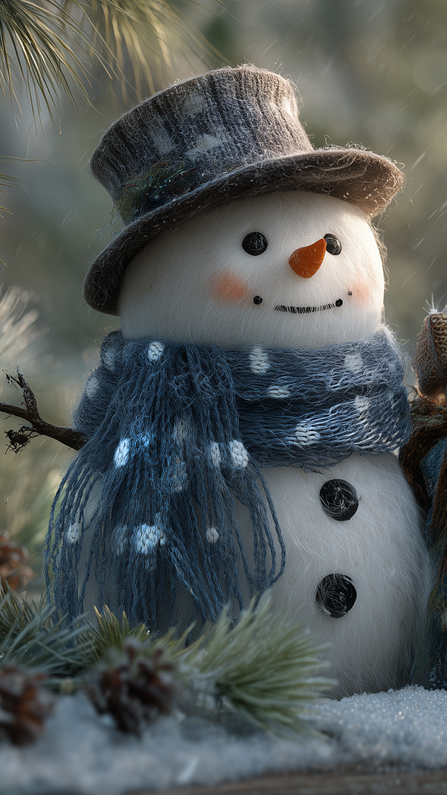 Bałwanek w kapeluszu i szaliku obok gałązki iglastej i szyszki