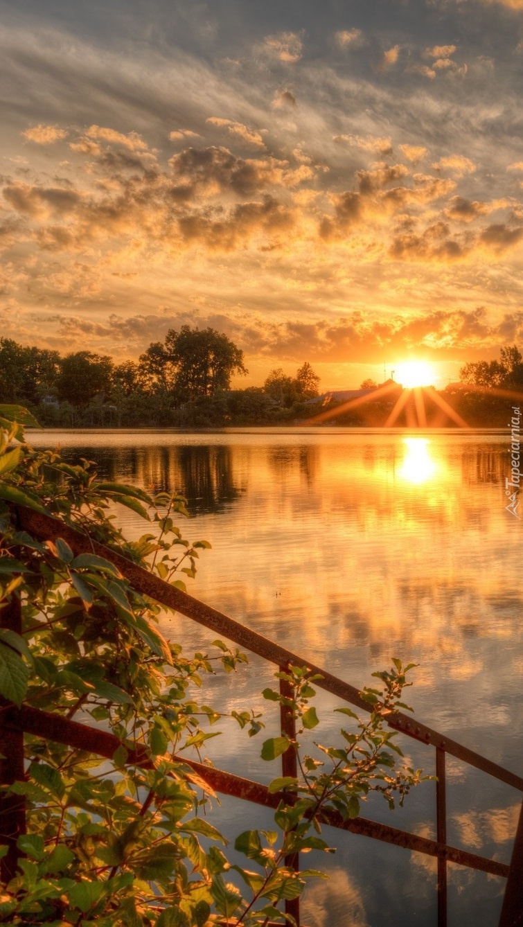 Barierka nad jeziorem o zachodzie słońca