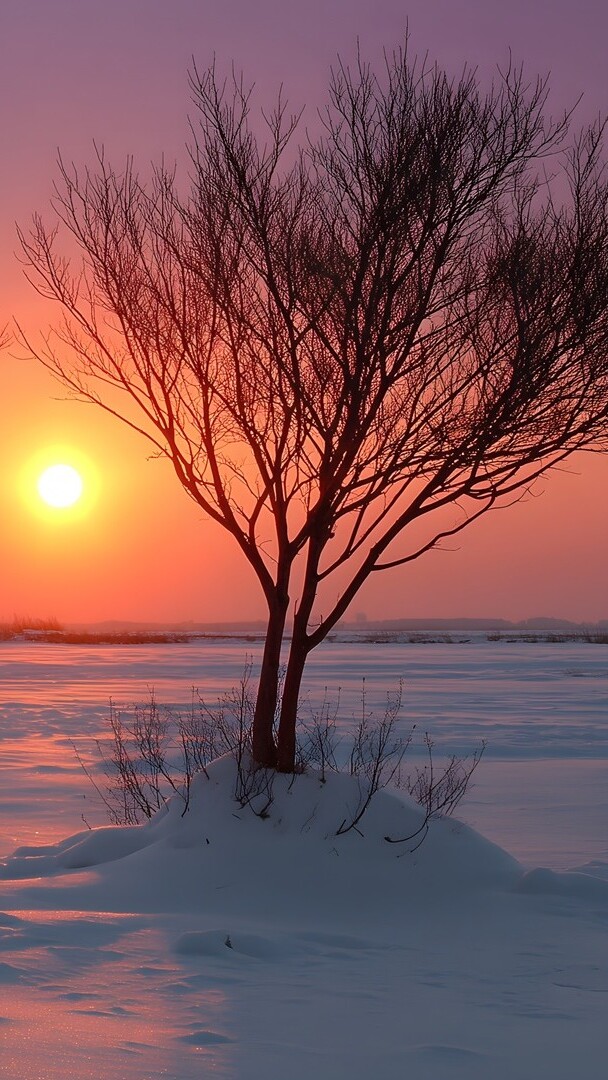 Bezlistne drzewa na ośnieżonym polu o zachodzie słońca
