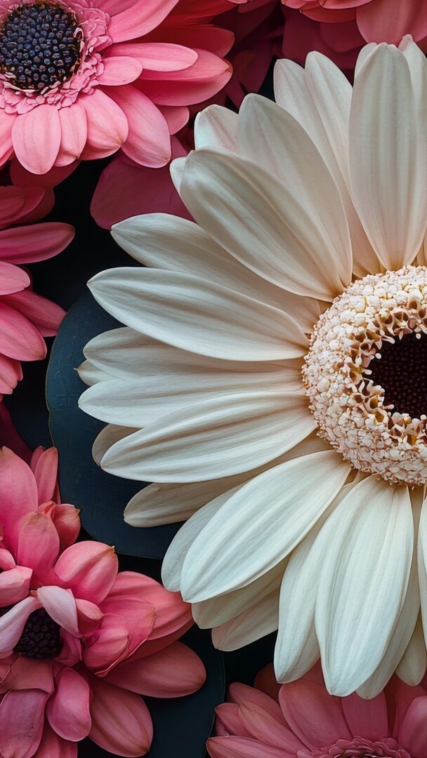 Biała gerbera i różowe kwiaty