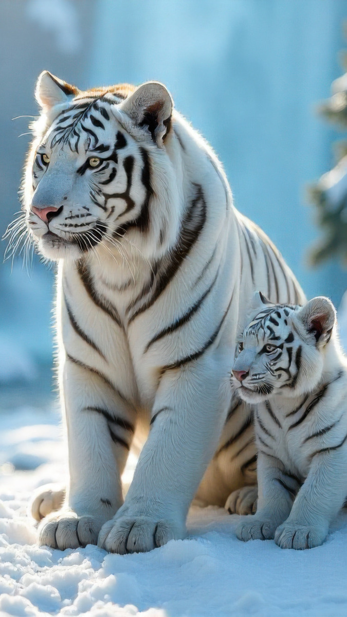Biała tygrysica i mały tygrysek na śniegu