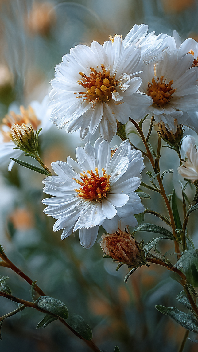 Białe astry na rozmytym tle