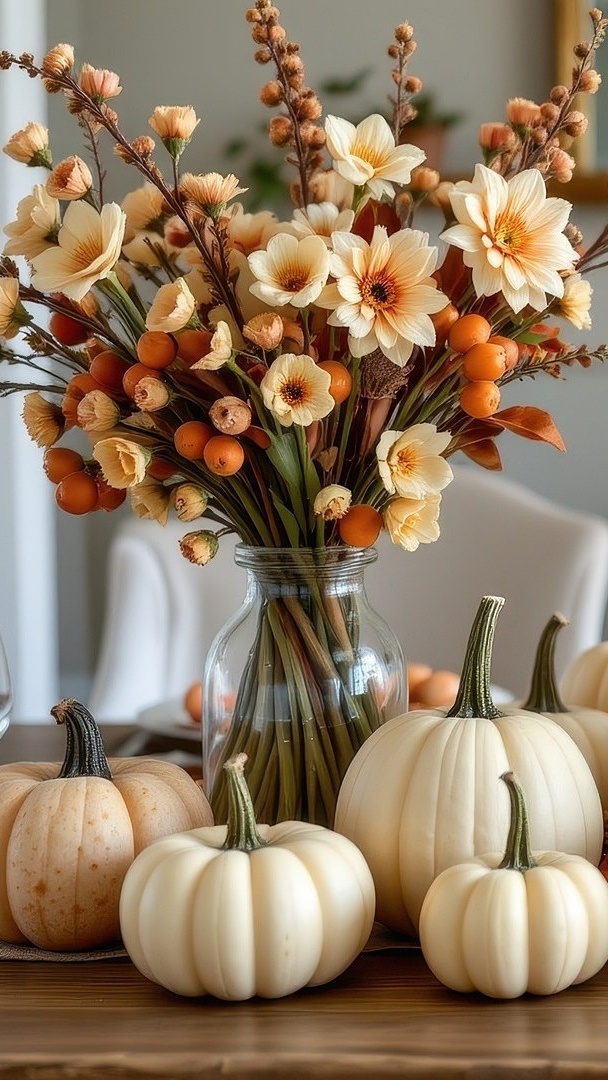 Białe dynie obok kwiatów w wazonie