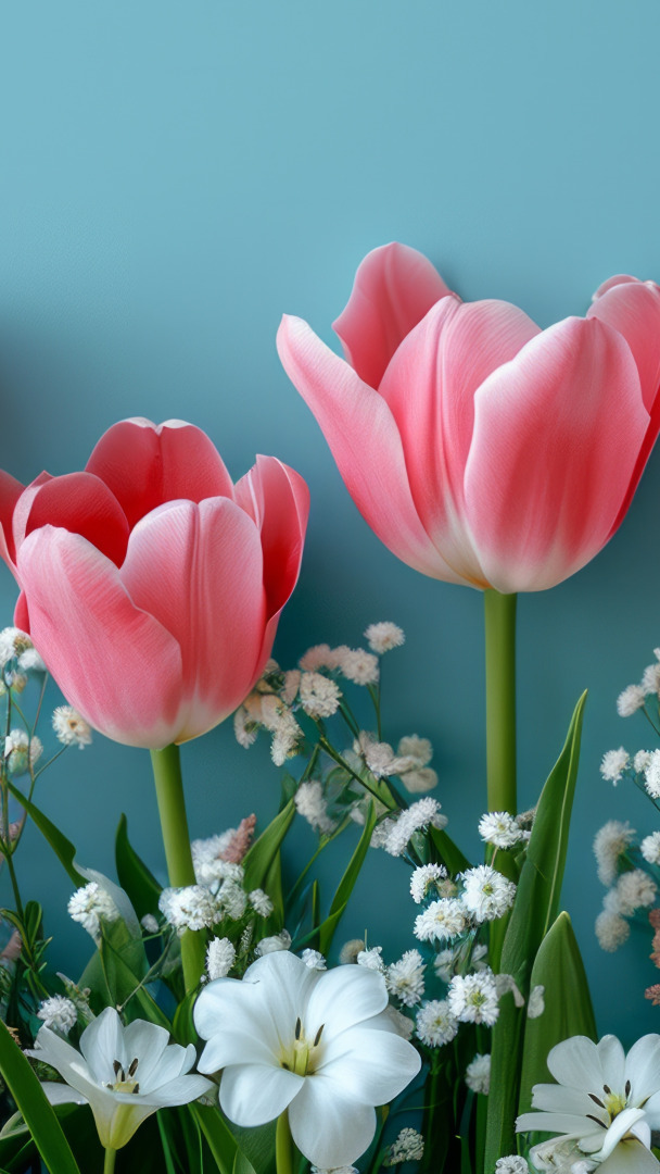Białe kwiatuszki i różowe tulipany