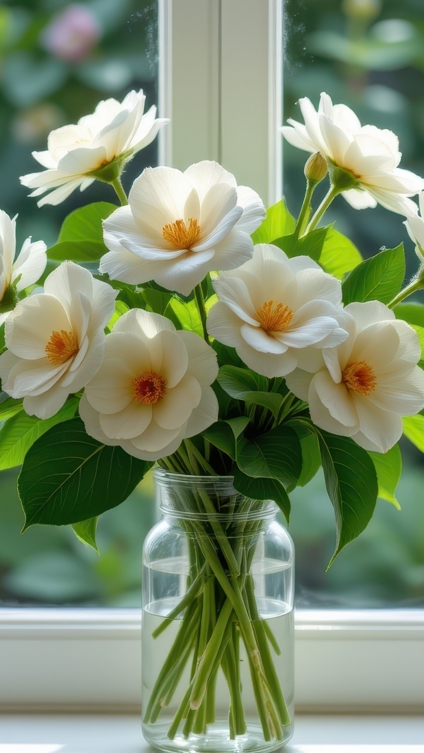 Białe kwiaty w szklanym wazonie na okiennym parapecie