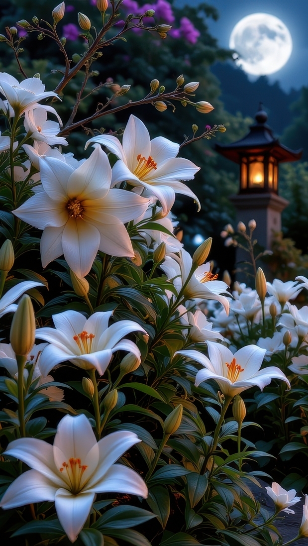 Białe lilie w ogrodzie w blasku księżyca