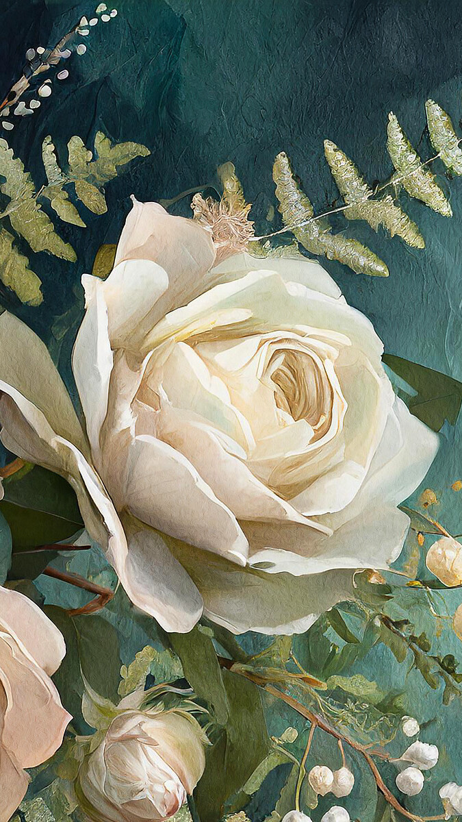 Białe róże i gałązki paproci