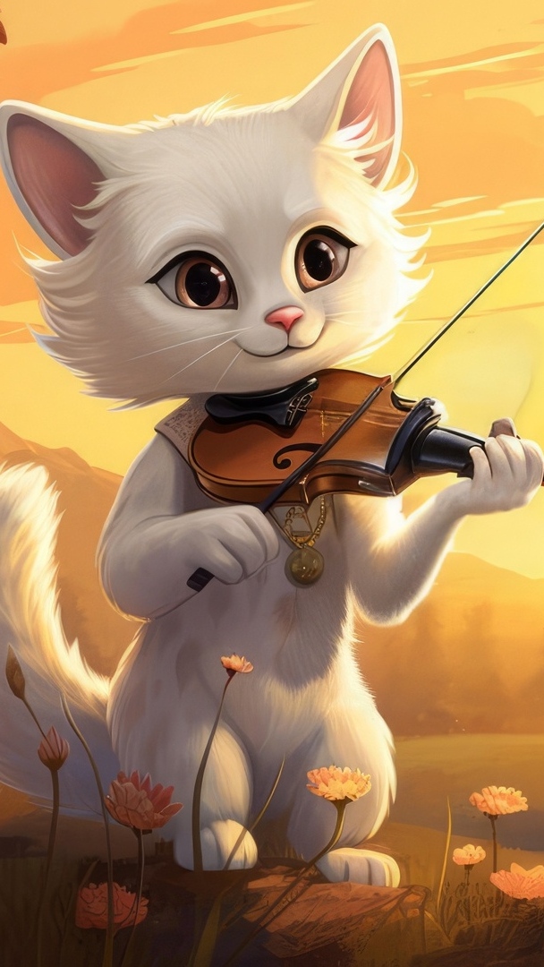 Biały kotek ze skrzypcami w grafice