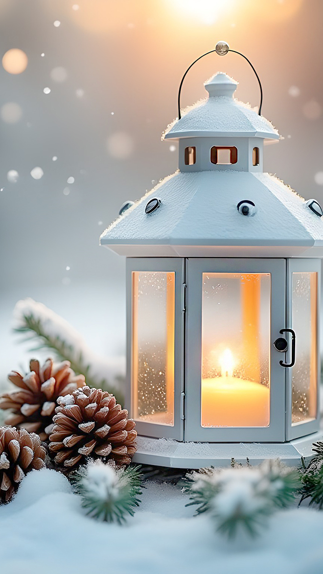 Biały lampion z zapaloną świecą obok szyszek i gałązek świerkowych