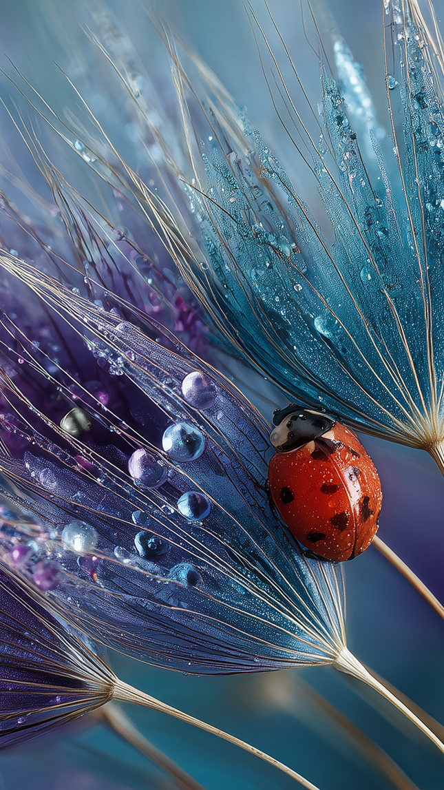 Biedronka i krople na mokrych dmuchawcach