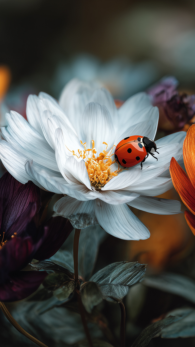 Biedronka na białym kwiatku