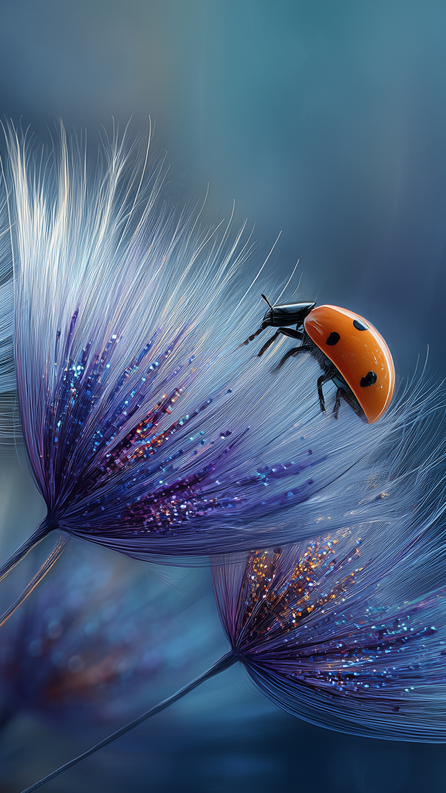 Biedronka na dmuchawcu z brokatem