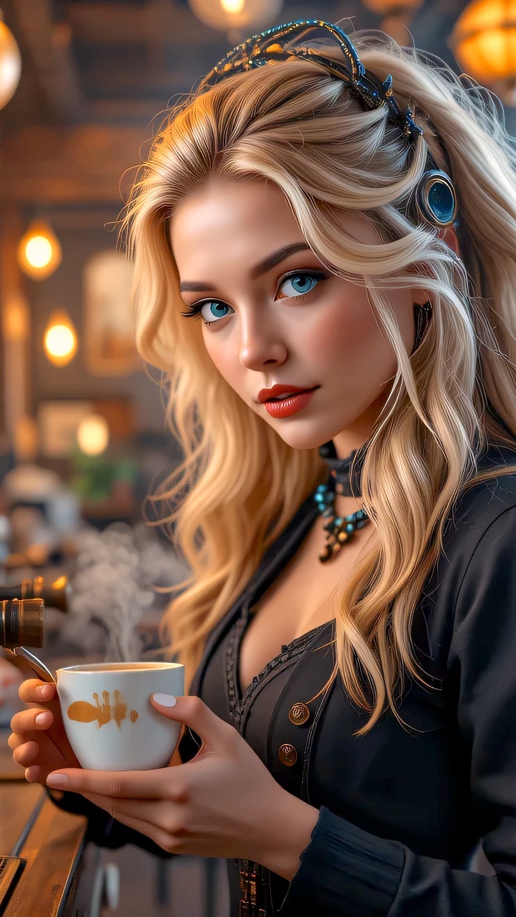 Blondynka w kawiarni trzymająca filiżankę z kawą