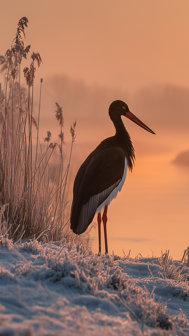 Bocian czarny na śniegu nad zamgloną rzeką o zachodzie słońca