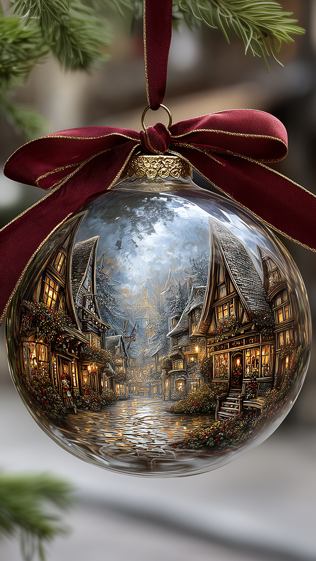 Bombka z czerwoną kokardą z namalowanymi domami na gałązce świerkowej