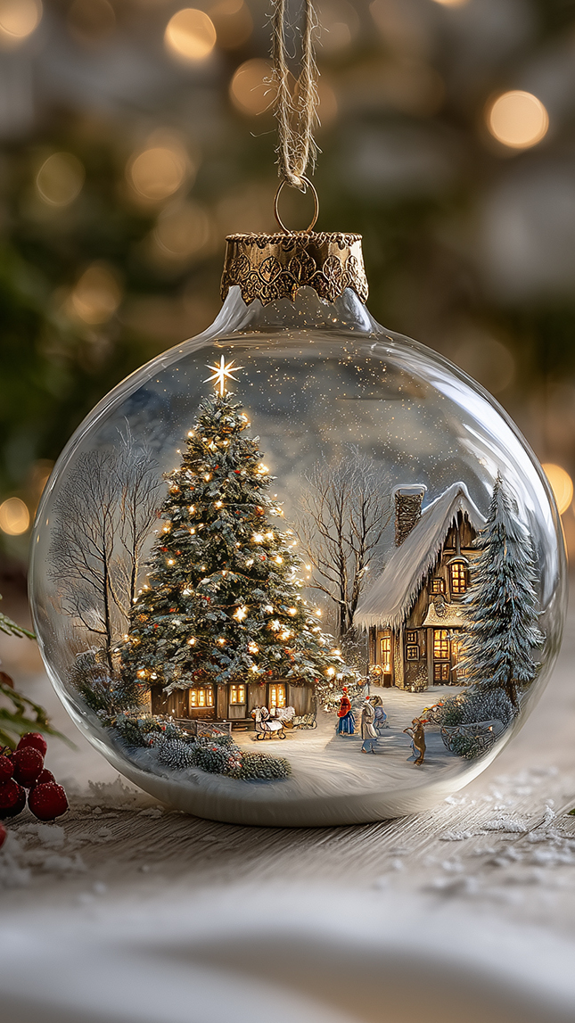 Bombka z namalowaną choinką i domem na ośnieżonej desce