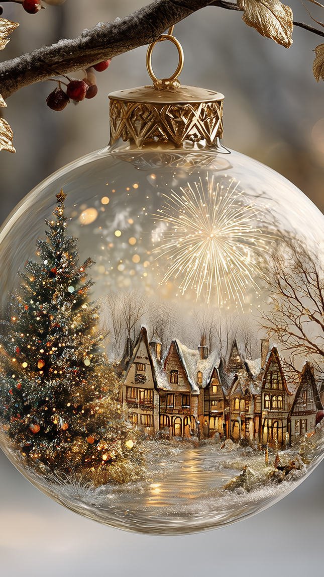 Bombka z namalowanymi domkami i choinką zawieszona na gałązce