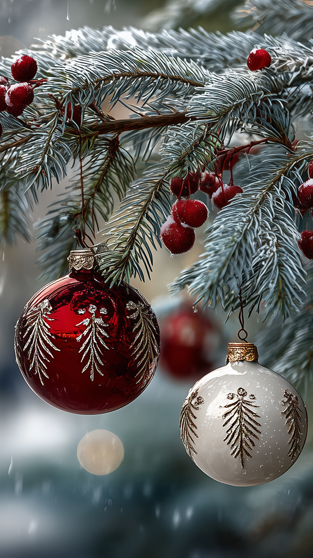 Bombki dekoracyjne i czerwone jagody na gałązkach świerku