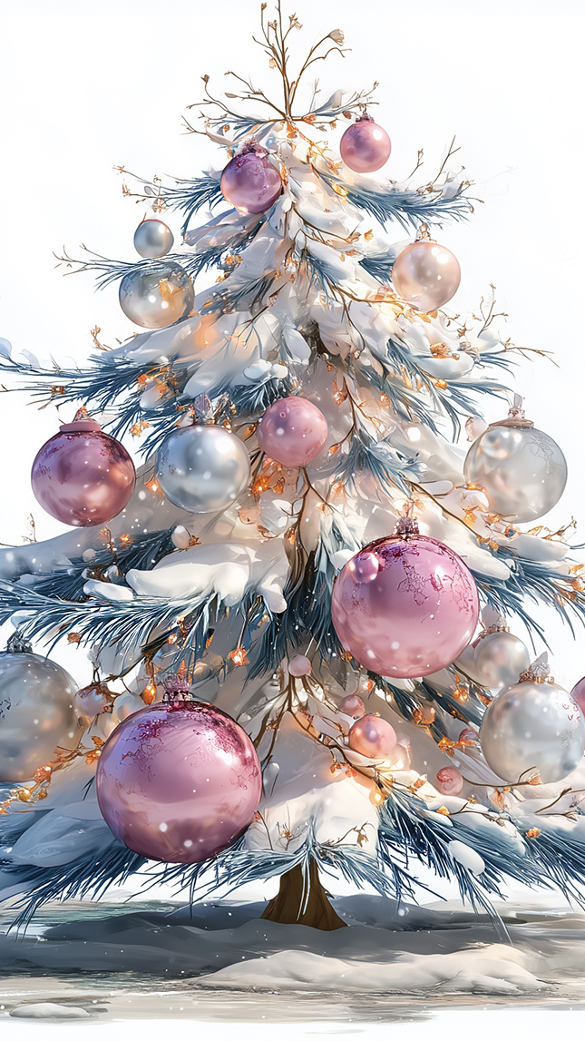 Bombki na ośnieżonej choince w grafice