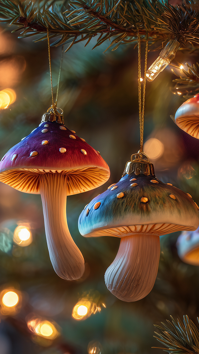 Bombki w kształcie grzybków zawieszone na choince