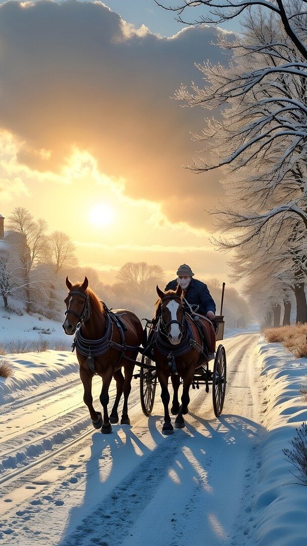 Bryczka z końmi i woźnicą na zaśnieżonej drodze