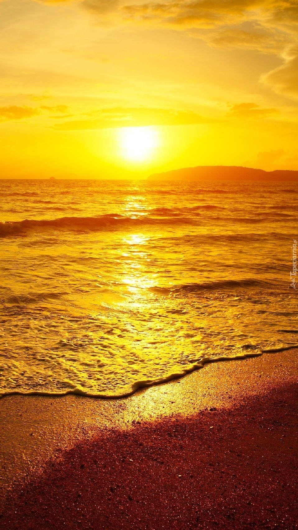 Brzeg morza w blasku zachodzącego słońca