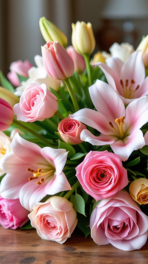 Bukiet kolorowych kwiatów leżący na stole