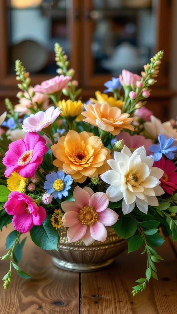 Bukiet kolorowych kwiatów w wazie na stole