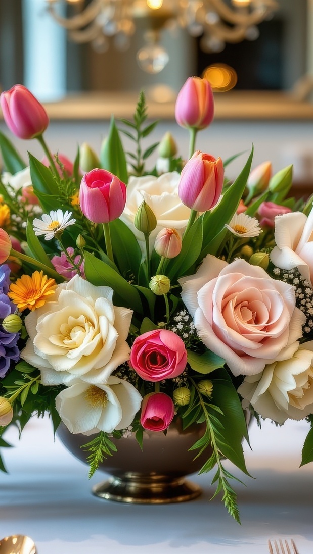 Bukiet kolorowych kwiatów w wazie na stole