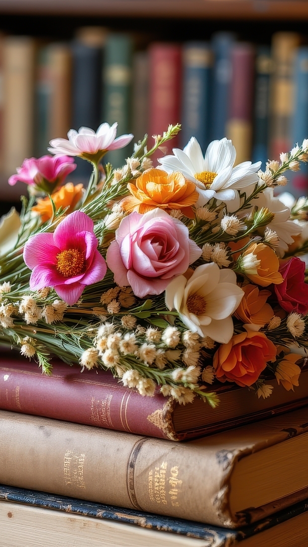 Bukiet kwiatów leżący na książkach