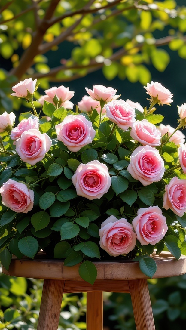 Bukiet różowych róż na kwietniku w ogrodzie