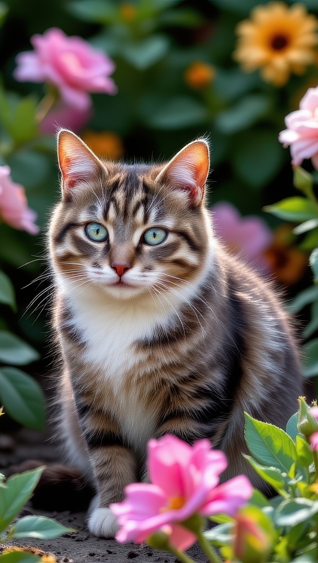 Bury kot siedzący wśród kwiatów