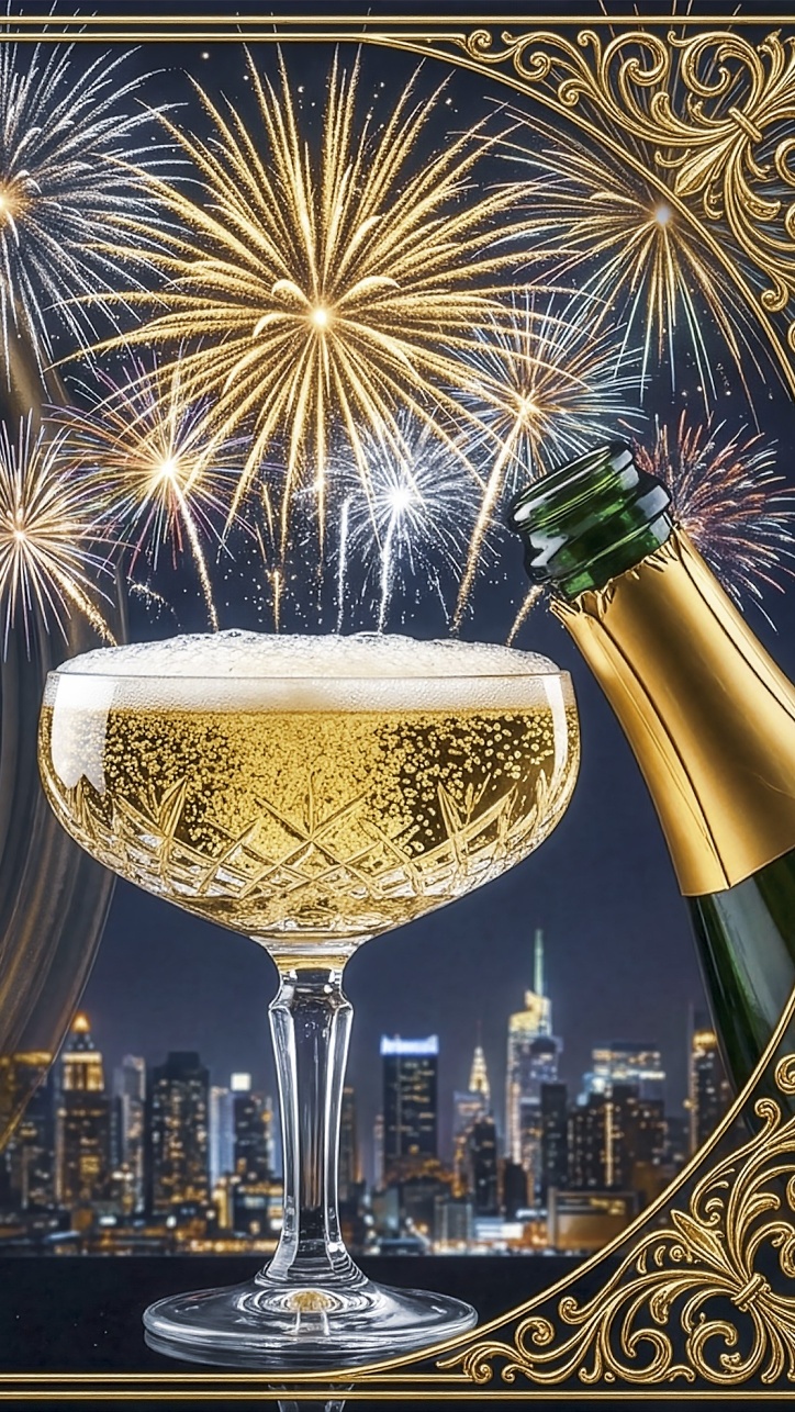 Butelka i kieliszek z szampanem oraz fajerwerki nad miastem
